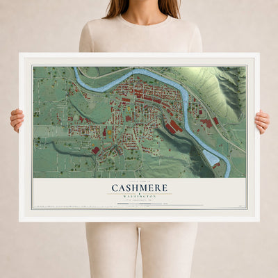 Map of Cashmere, Washington, 24 x 36 inch print in a white wood frame