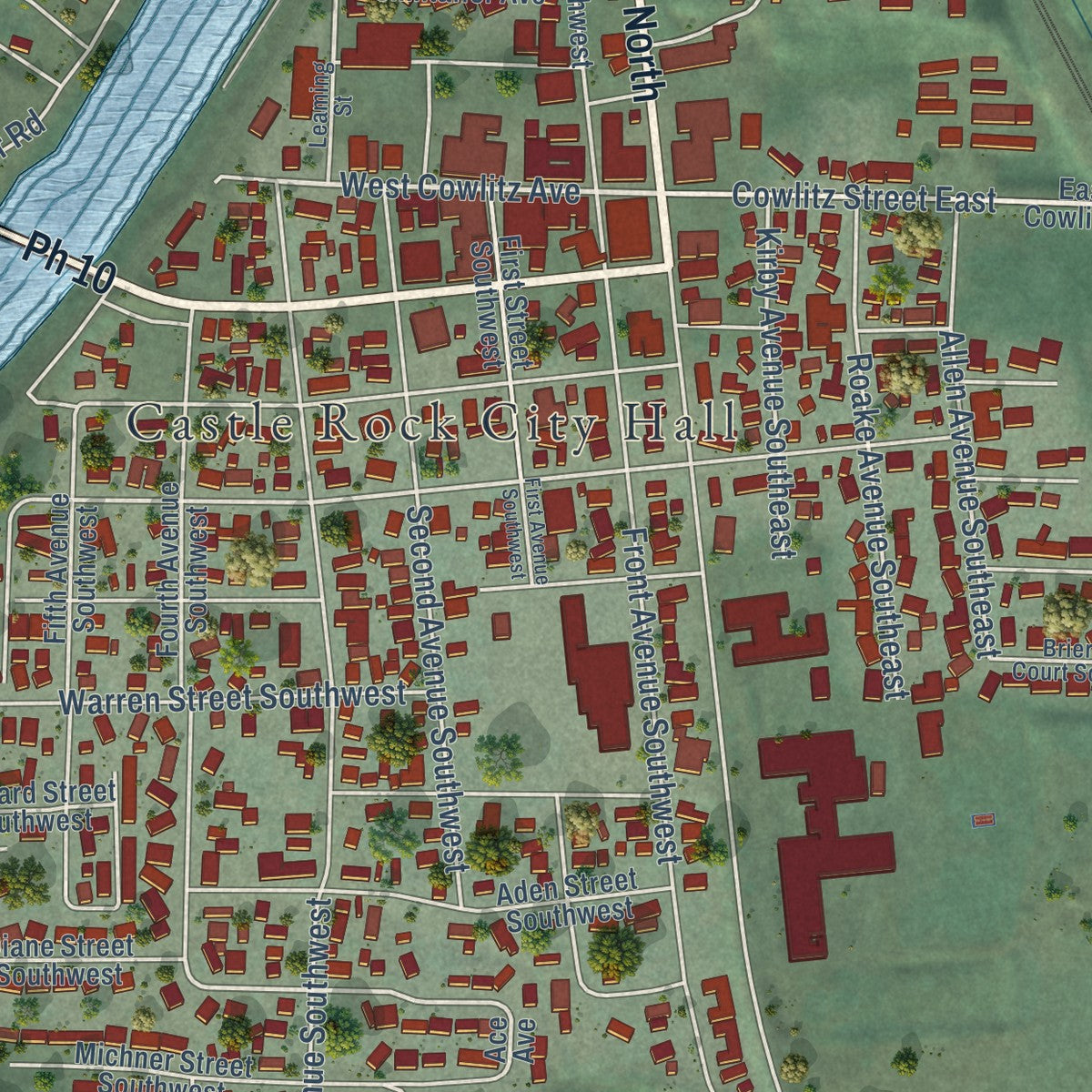 Close-up of the map of Castle Rock, Washington print showing street and building detail