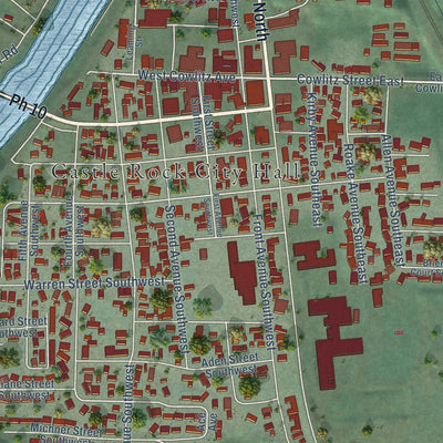 Close-up of the map of Castle Rock, Washington print showing street and building detail