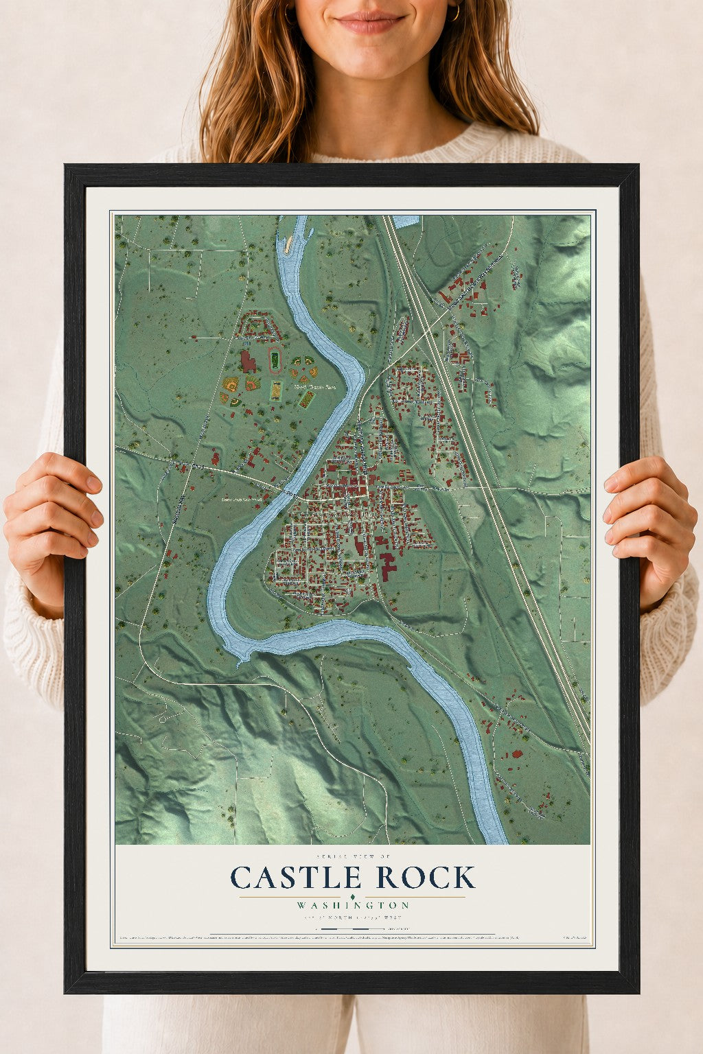 Map of Castle Rock, Washington, 18 x 24 inch print in a black wood frame