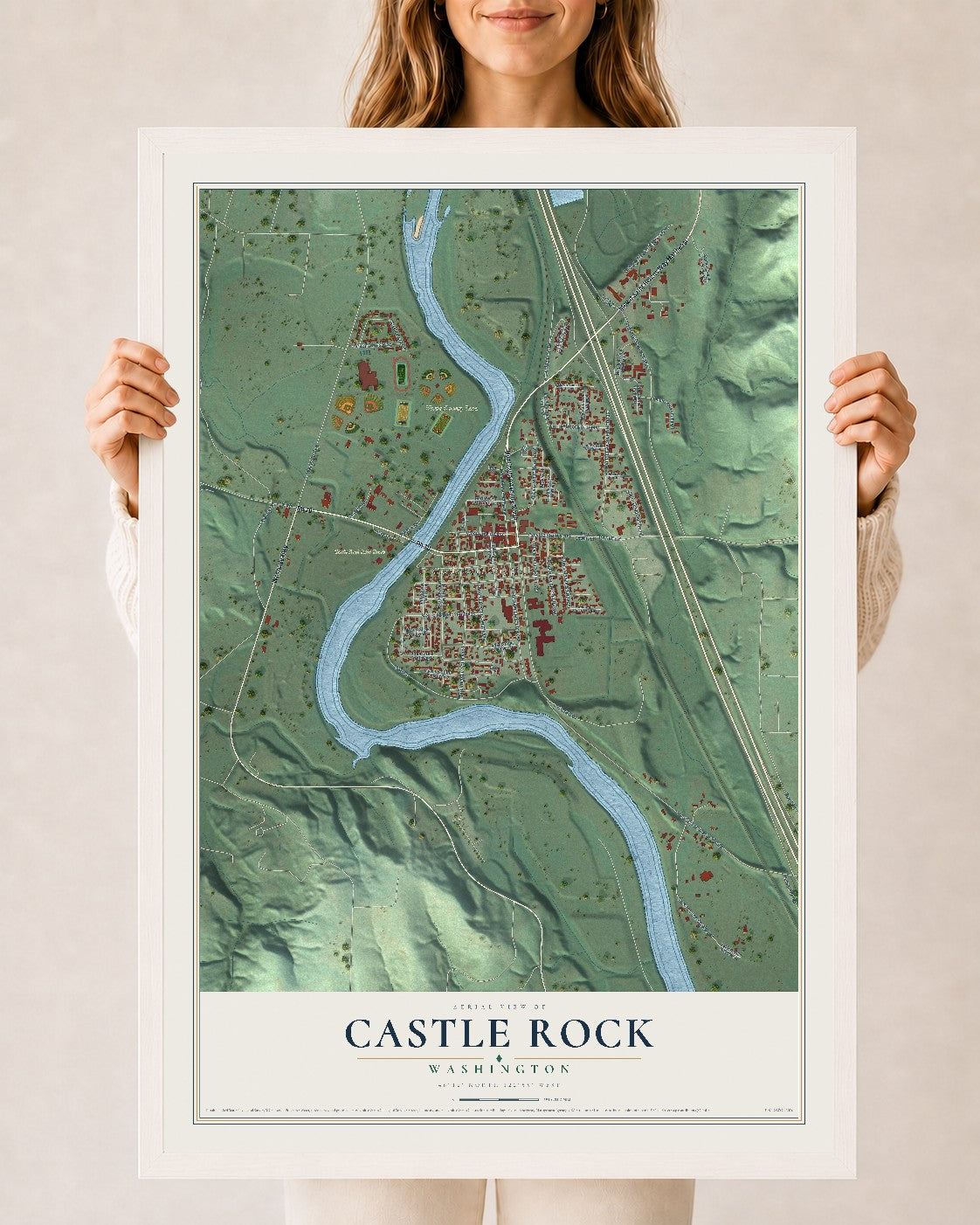 Map of Castle Rock, Washington, 24 x 36 inch print in a white wood frame