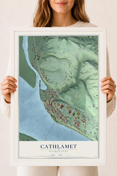 Map of Cathlamet, Washington, 18 x 24 inch print in a white wood frame