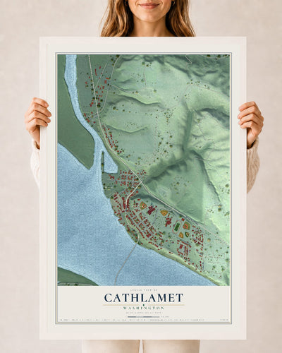 Map of Cathlamet, Washington, 24 x 36 inch print in a white wood frame