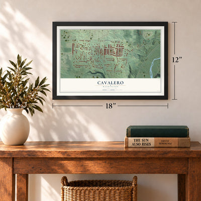 Cavalero, Washington map, 12 x 18 inch print in a black frame in an entryway