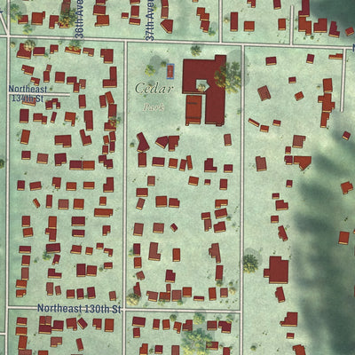 Close-up of the map of Cedar Park, Washington print showing street and building detail