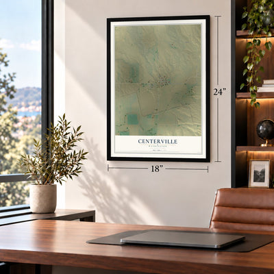 Centerville, Washington map, 18 x 24 inch print in a black frame in a home office