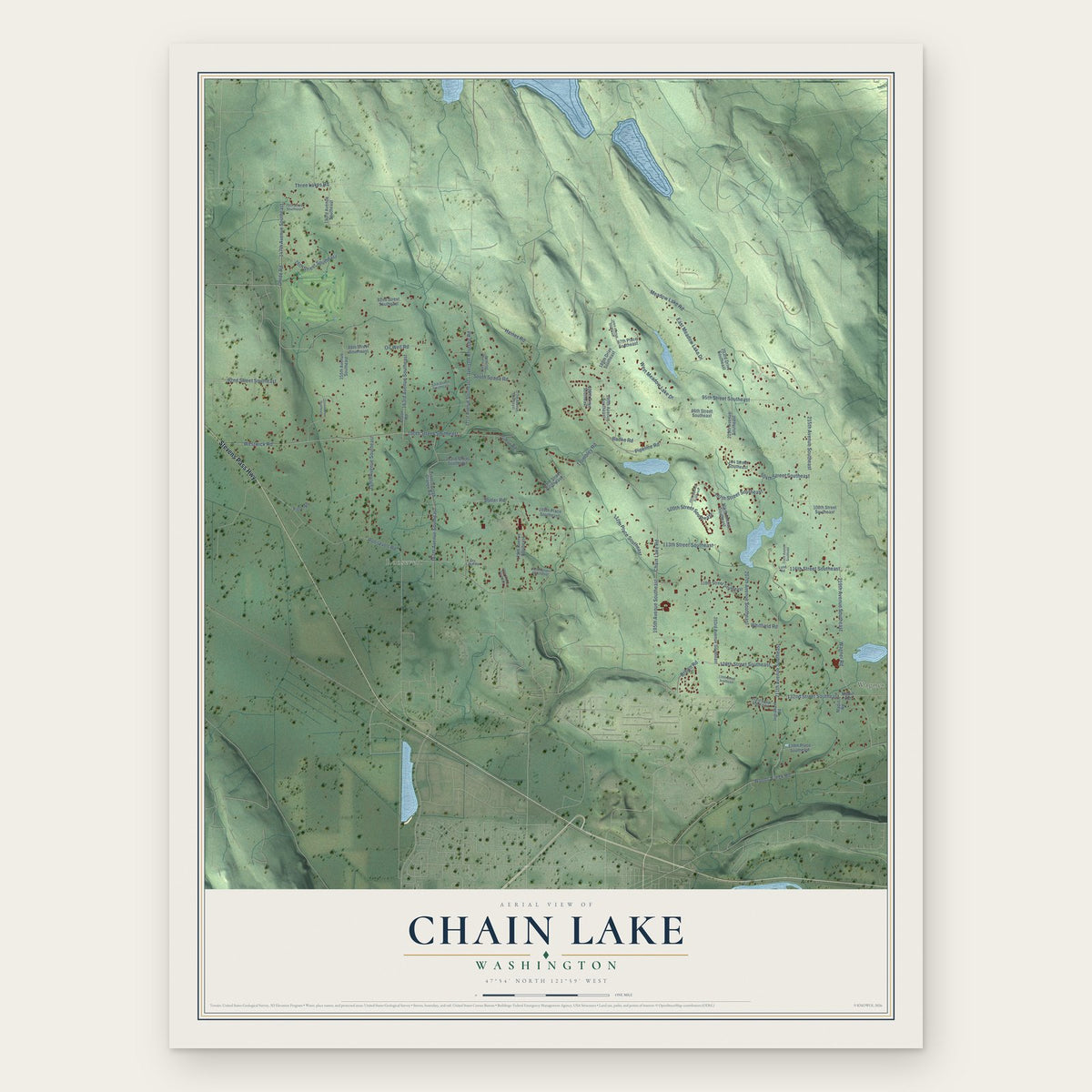 Chain Lake, Washington map print, the full design