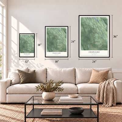 Chain Lake, Washington map in 12 x 18, 18 x 24 and 24 x 36 inch sizes above a sofa