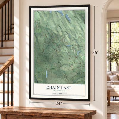 Chain Lake, Washington map, 24 x 36 inch print in a black frame by a staircase