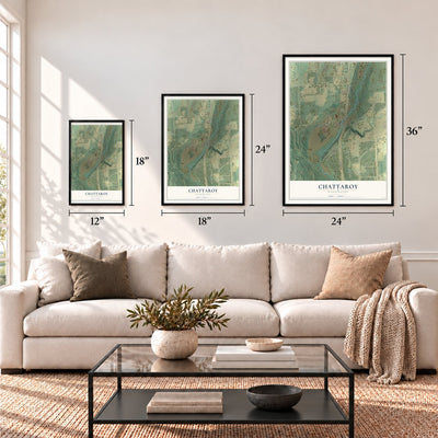Chattaroy, Washington map in 12 x 18, 18 x 24 and 24 x 36 inch sizes above a sofa