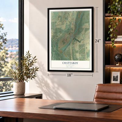 Chattaroy, Washington map, 18 x 24 inch print in a black frame in a home office