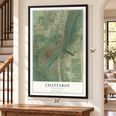 Chattaroy, Washington map, 24 x 36 inch print in a black frame by a staircase