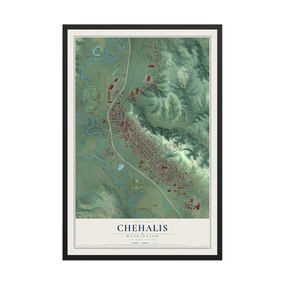 Map of Chehalis, Washington, 12 x 18 inch print in a black wood frame