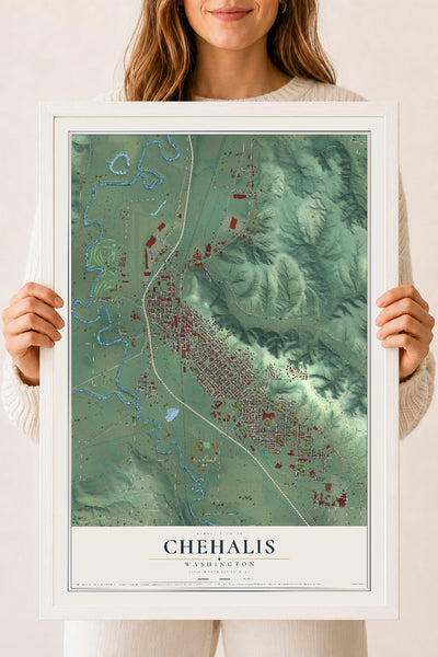 Map of Chehalis, Washington, 18 x 24 inch print in a white wood frame