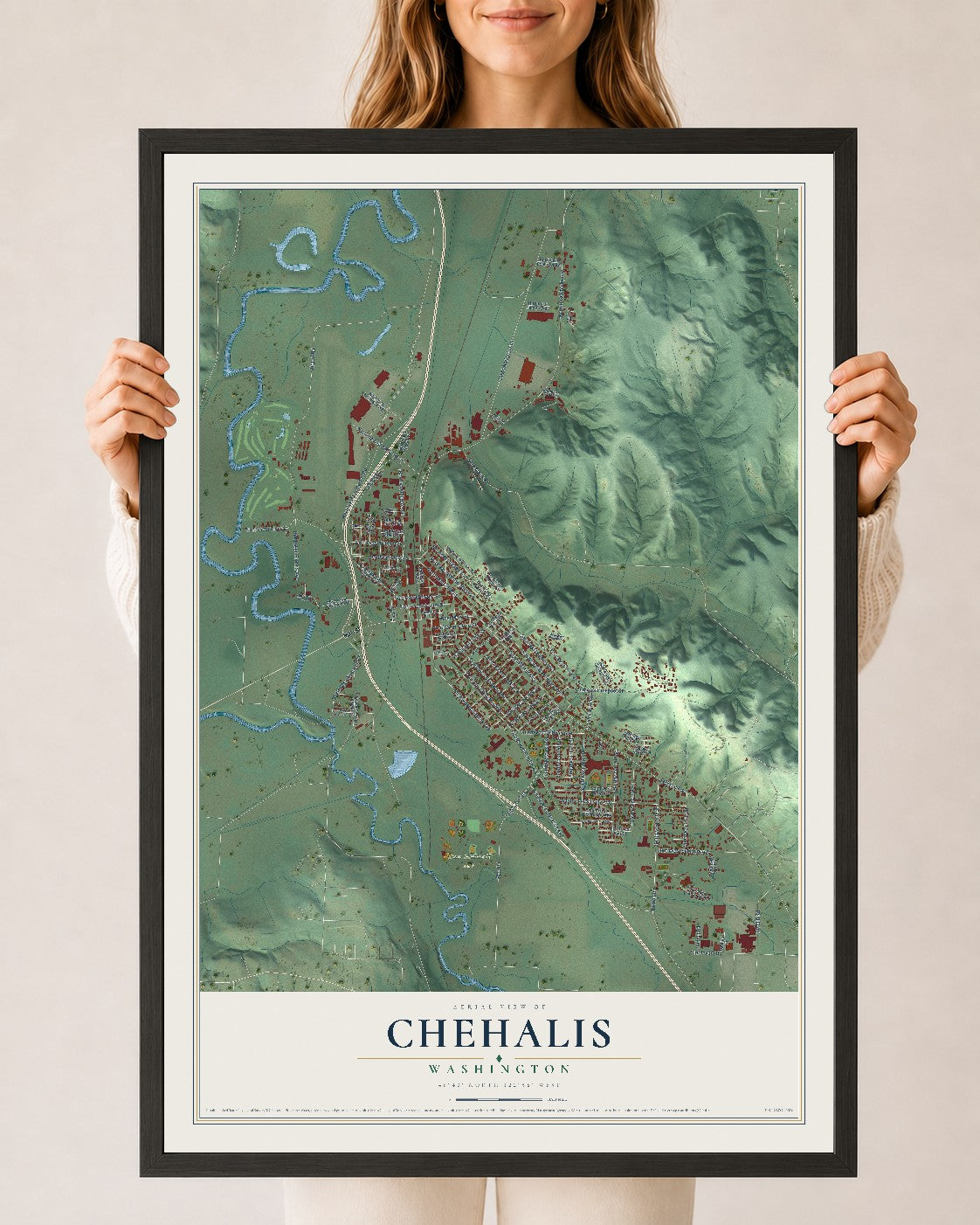 Map of Chehalis, Washington, 24 x 36 inch print in a black wood frame