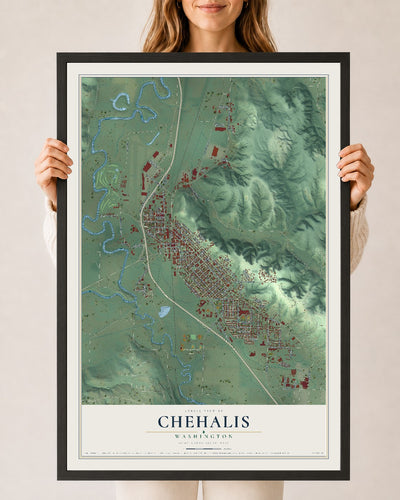 Map of Chehalis, Washington, 24 x 36 inch print in a black wood frame