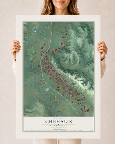 Map of Chehalis, Washington, 24 x 36 inch print in a white wood frame