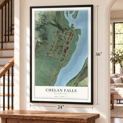 Chelan Falls, Washington map, 24 x 36 inch print in a black frame by a staircase
