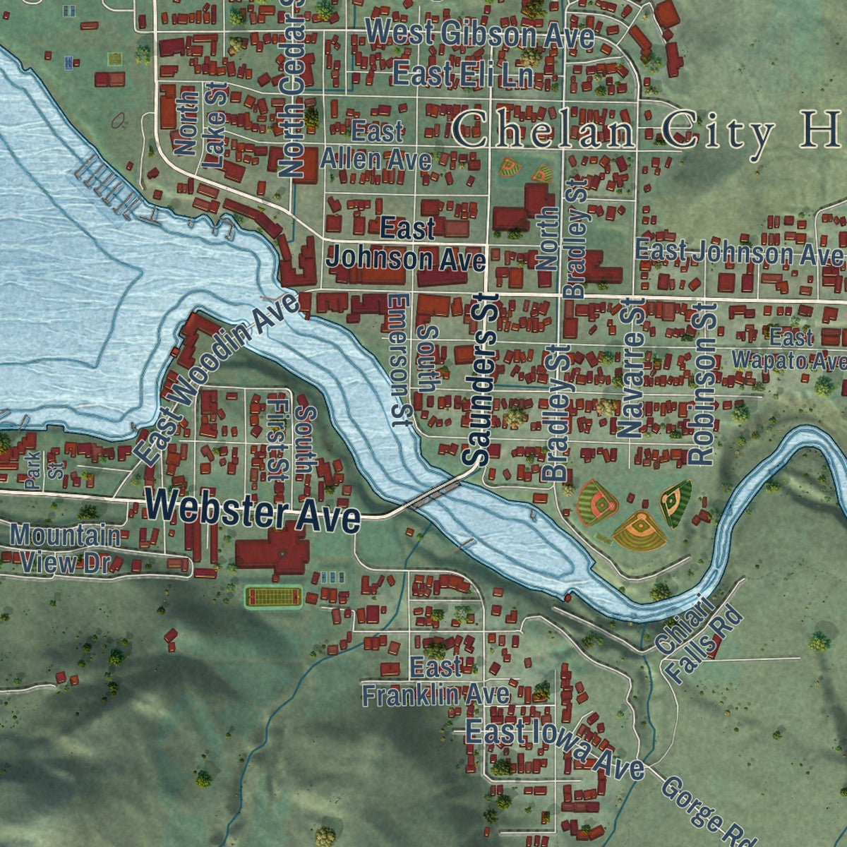 Close-up of the map of Chelan, Washington print showing street and building detail