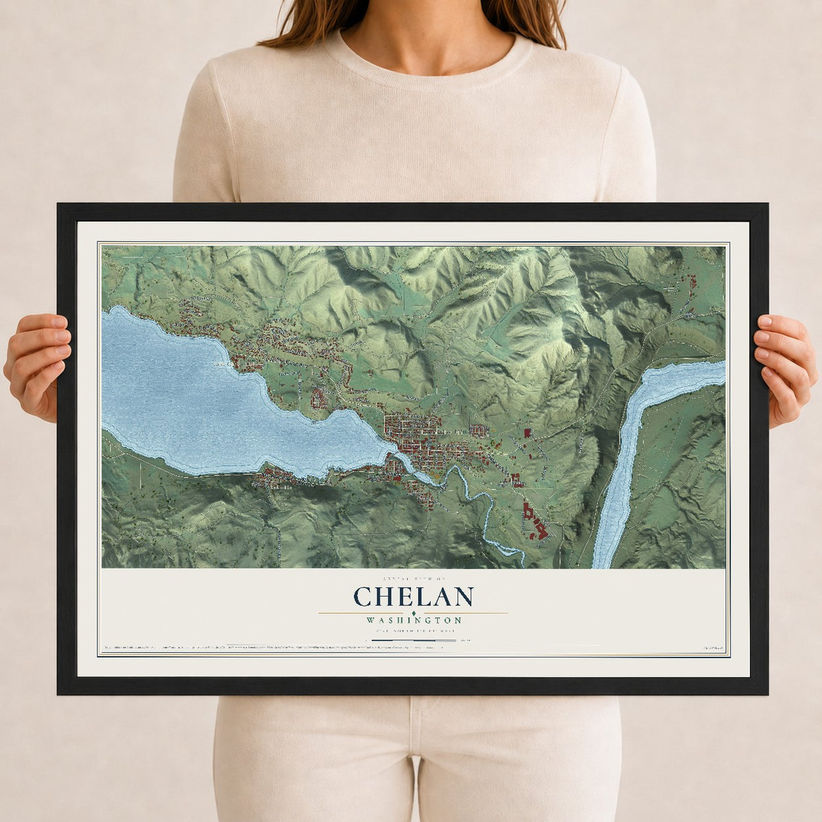 Map of Chelan, Washington, 12 x 18 inch print in a black wood frame
