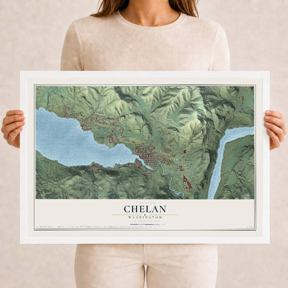 Map of Chelan, Washington, 12 x 18 inch print in a white wood frame