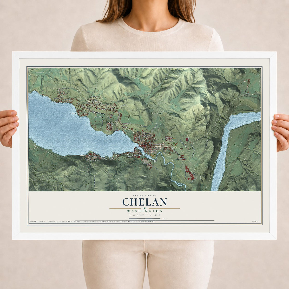 Map of Chelan, Washington, 18 x 24 inch print in a white wood frame