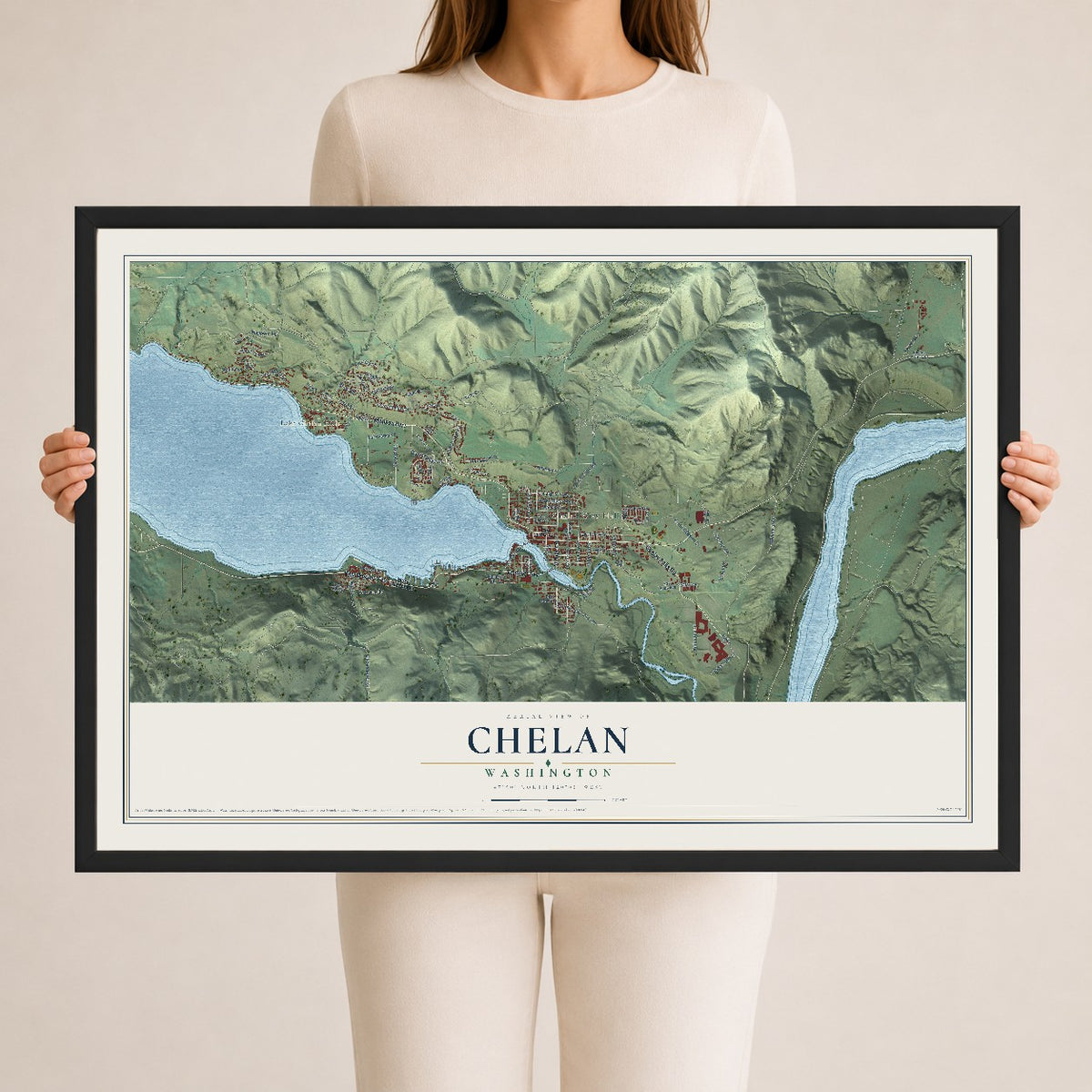 Map of Chelan, Washington, 24 x 36 inch print in a black wood frame