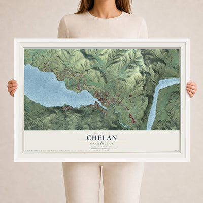 Map of Chelan, Washington, 24 x 36 inch print in a white wood frame