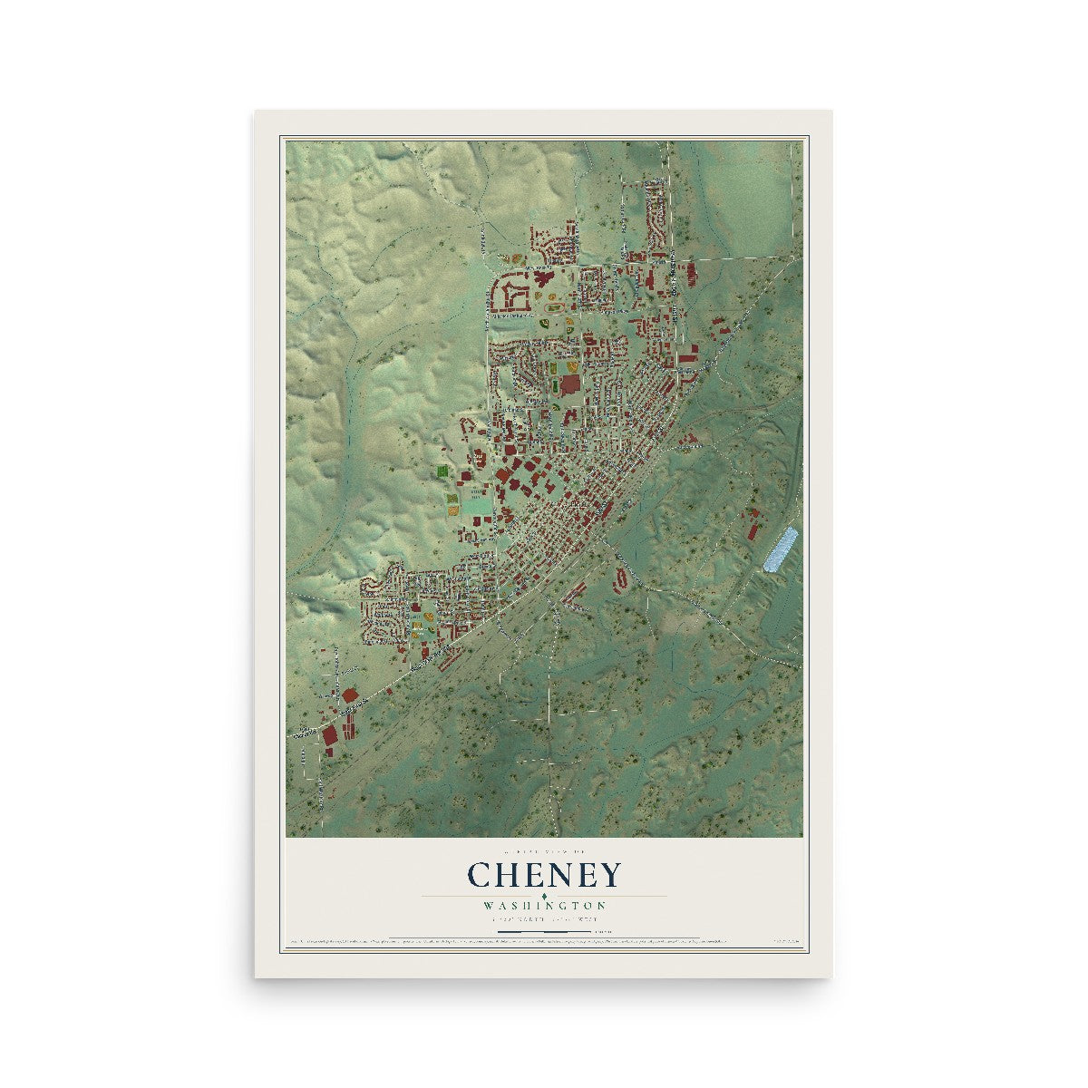 Map of Cheney, Washington, 12 x 18 inch unframed archival matte print