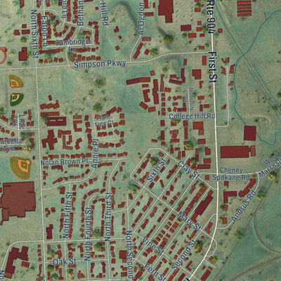 Second close-up of the map of Cheney, Washington print showing more streets and buildings