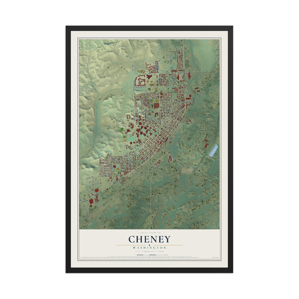 Map of Cheney, Washington, 12 x 18 inch print in a black wood frame