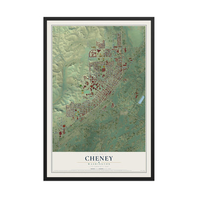 Map of Cheney, Washington, 12 x 18 inch print in a black wood frame