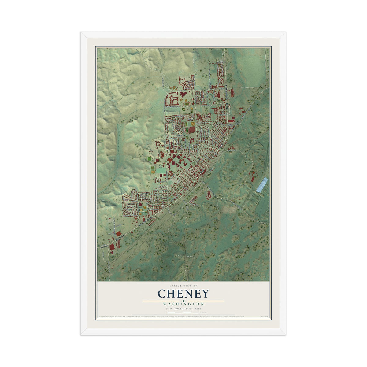 Map of Cheney, Washington, 12 x 18 inch print in a white wood frame