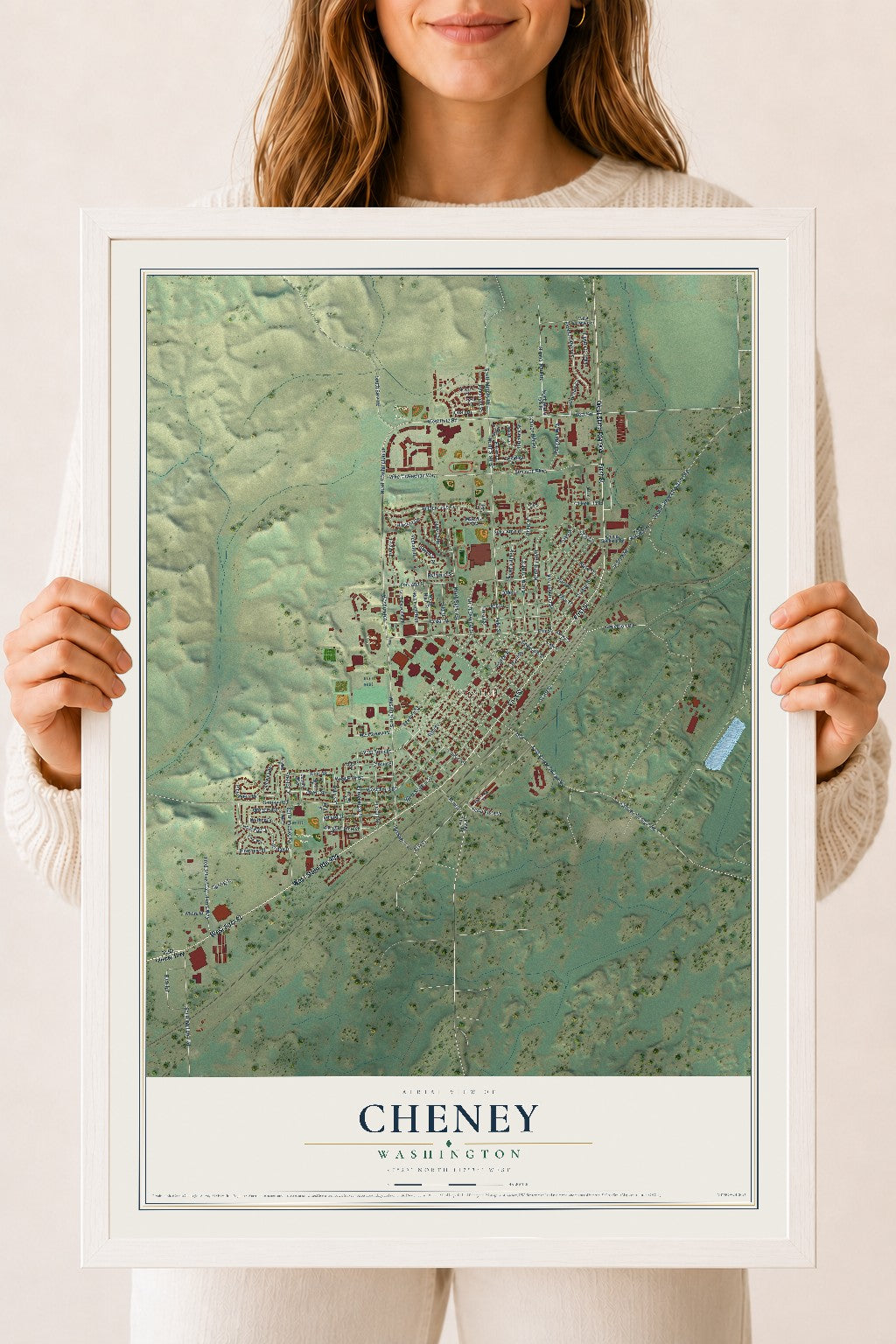 Map of Cheney, Washington, 18 x 24 inch print in a white wood frame