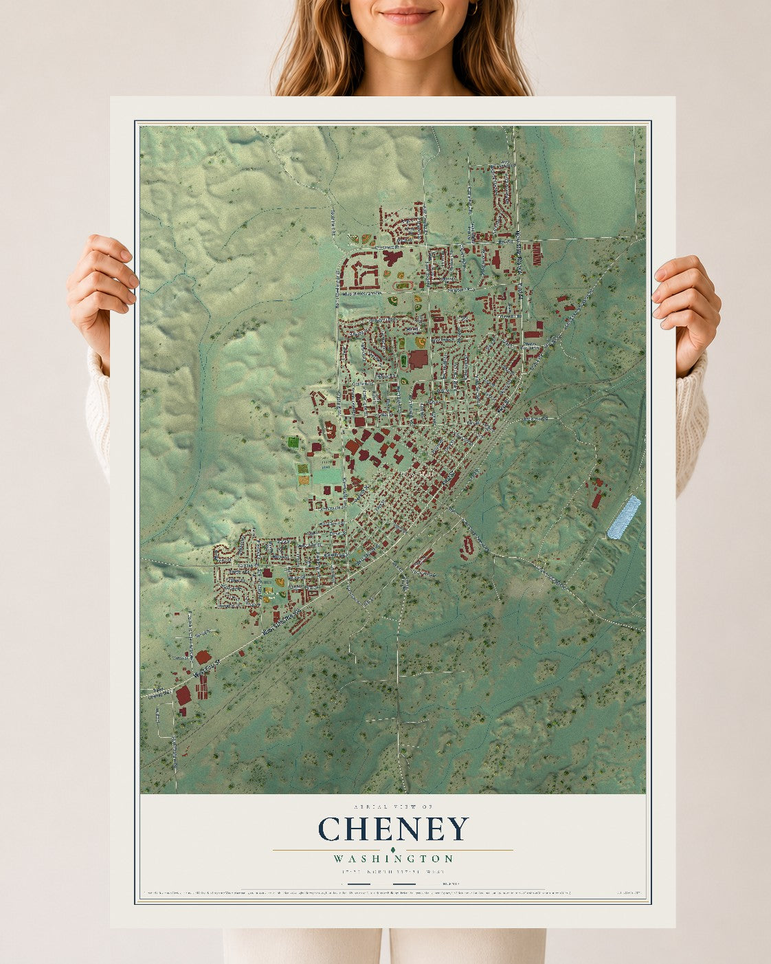 Map of Cheney, Washington, 24 x 36 inch unframed archival matte print