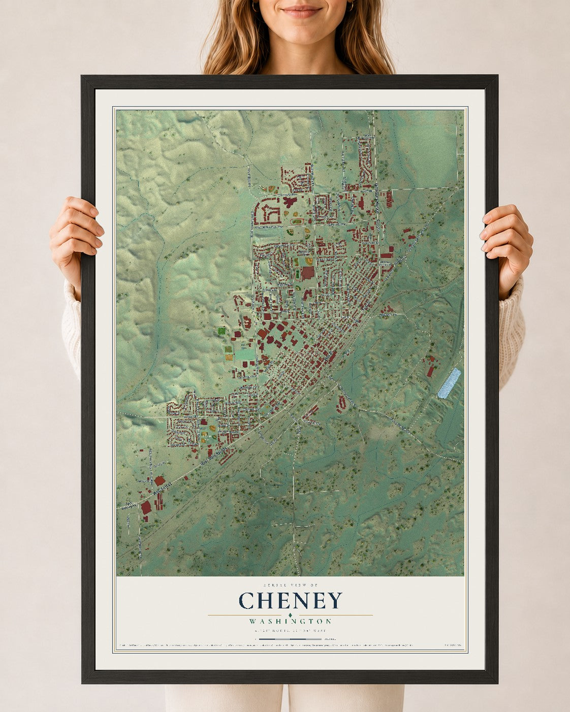 Map of Cheney, Washington, 24 x 36 inch print in a black wood frame