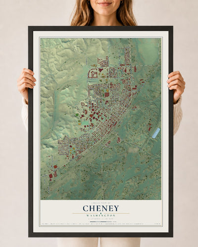 Map of Cheney, Washington, 24 x 36 inch print in a black wood frame