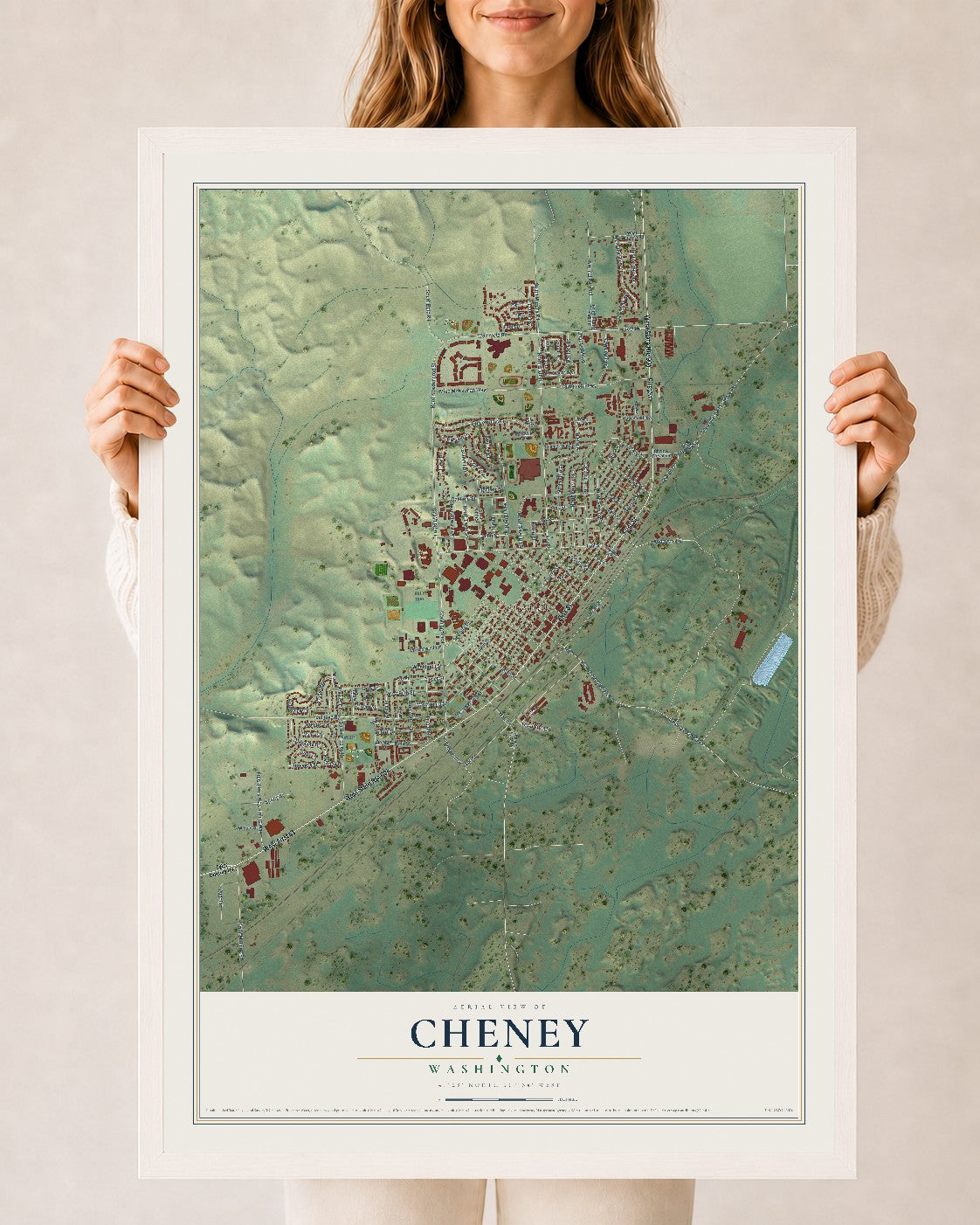 Map of Cheney, Washington, 24 x 36 inch print in a white wood frame