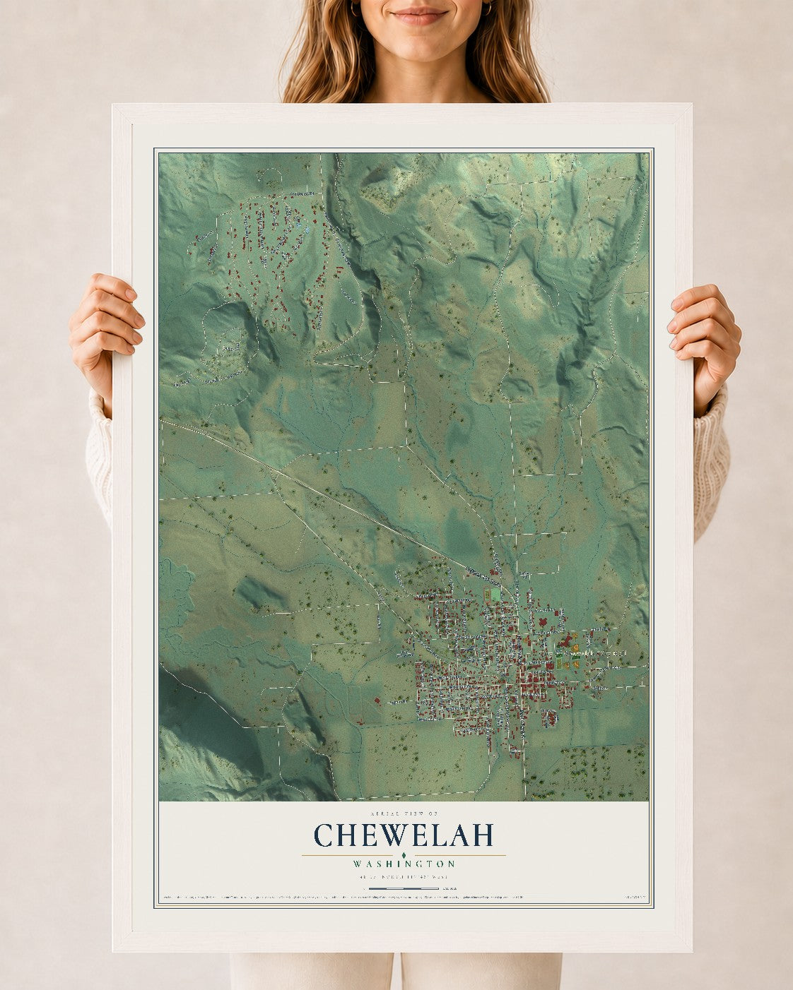 Map of Chewelah, Washington, 24 x 36 inch print in a white wood frame