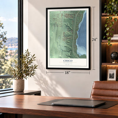 Chico, Washington map, 18 x 24 inch print in a black frame in a home office