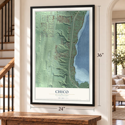 Chico, Washington map, 24 x 36 inch print in a black frame by a staircase