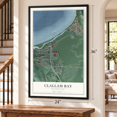 Clallam Bay, Washington map, 24 x 36 inch print in a black frame by a staircase