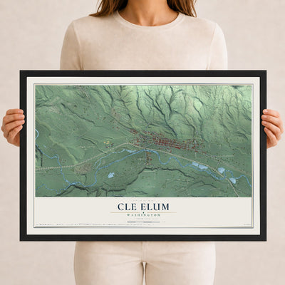 Map of Cle Elum, Washington, 12 x 18 inch print in a black wood frame