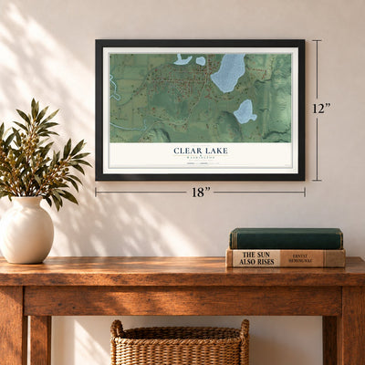 Clear Lake, Washington map, 12 x 18 inch print in a black frame in an entryway