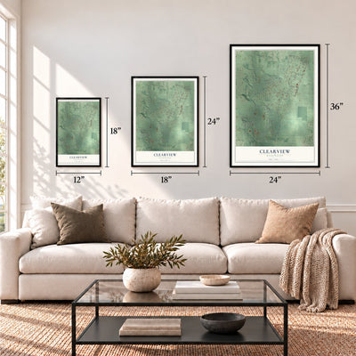 Clearview, Washington map in 12 x 18, 18 x 24 and 24 x 36 inch sizes above a sofa
