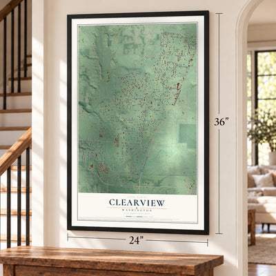 Clearview, Washington map, 24 x 36 inch print in a black frame by a staircase