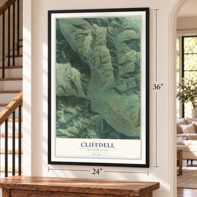 Cliffdell, Washington map, 24 x 36 inch print in a black frame by a staircase