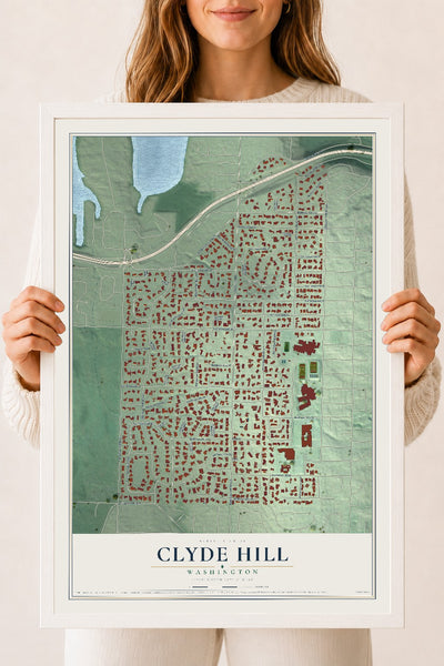 Map of Clyde Hill, Washington, 18 x 24 inch print in a white wood frame