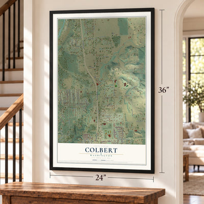 Colbert, Washington map, 24 x 36 inch print in a black frame by a staircase
