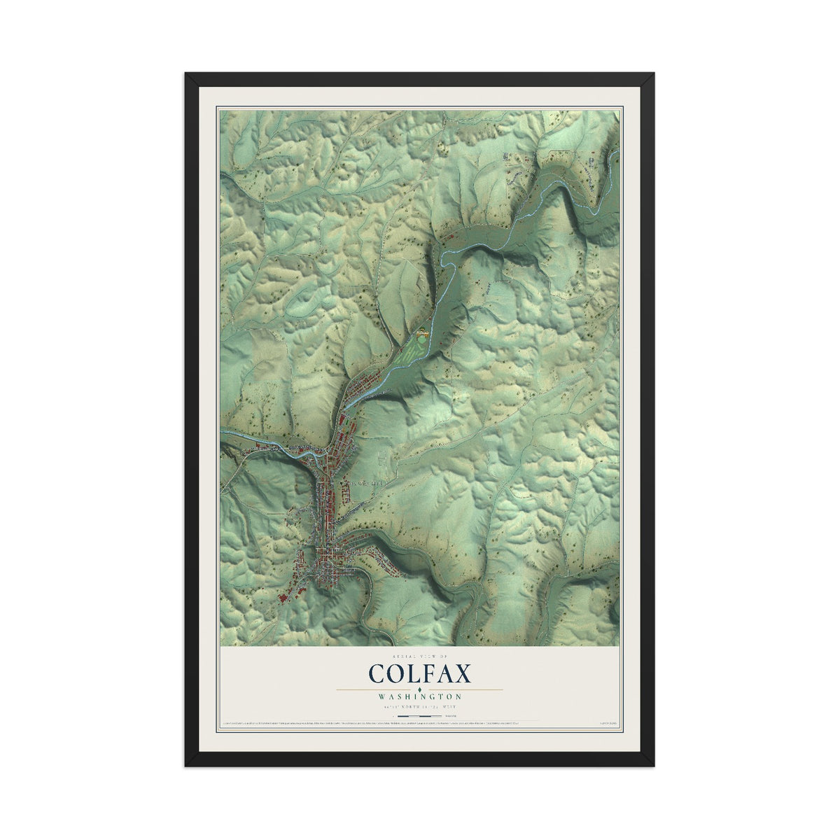 Map of Colfax, Washington, 12 x 18 inch print in a black wood frame